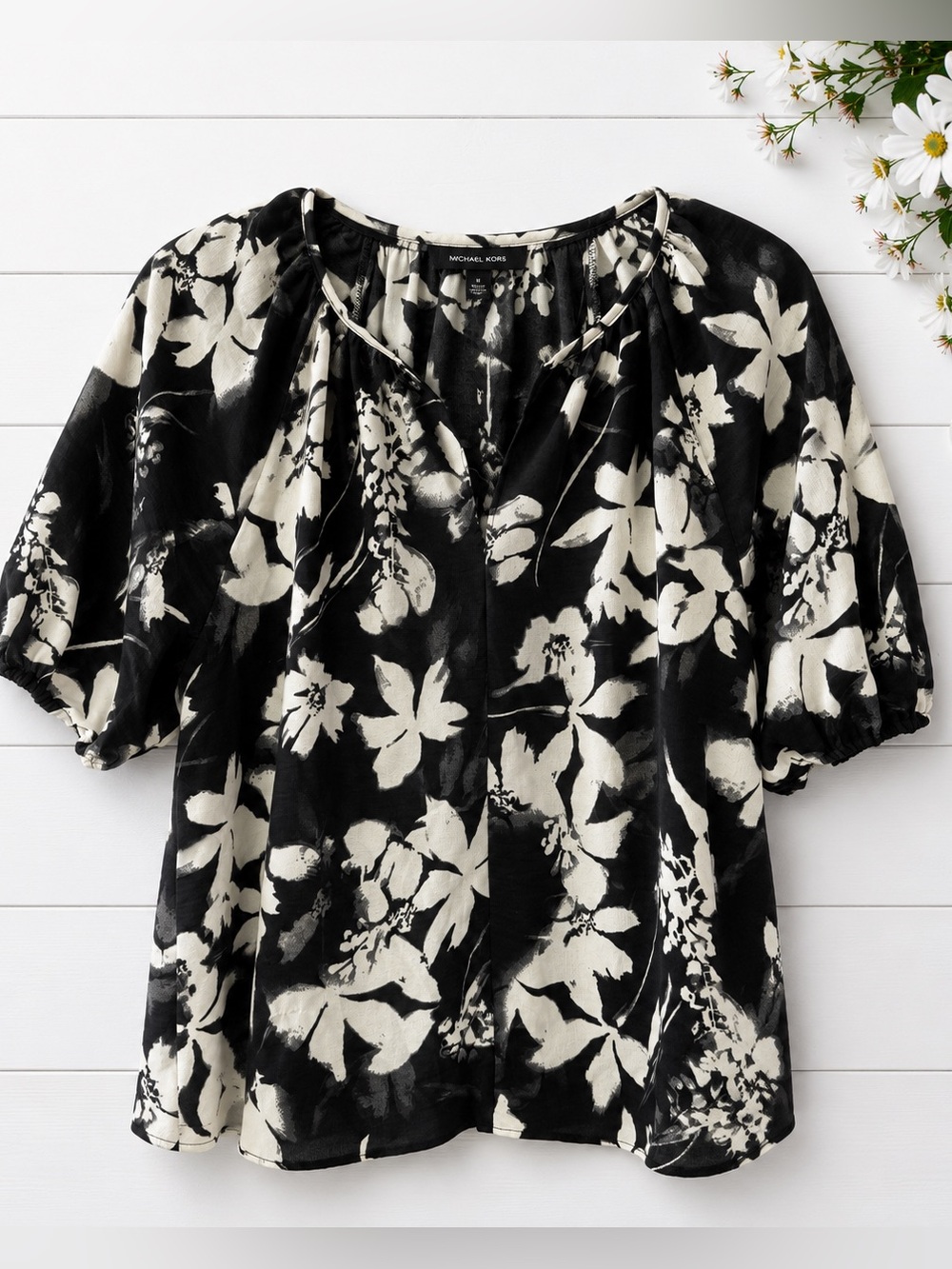 Floral Peasant Blouse womens large black and white boho top